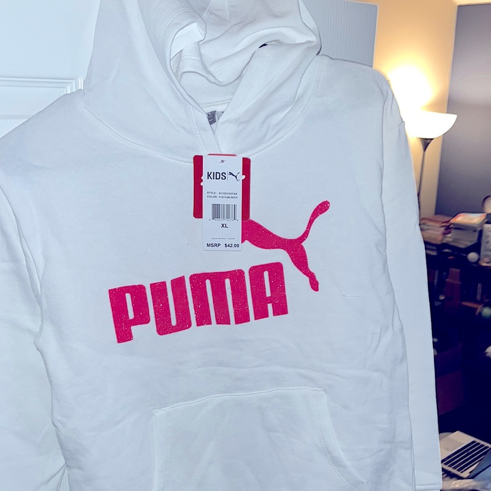 All White w/ Pink Lettering Puma Hoodie-
Size XL Kids- **BRAND NWT**